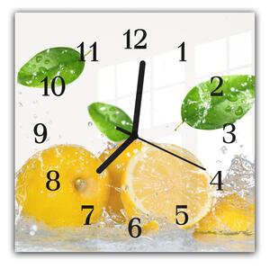Nástenné hodiny 30x30cm čerstvé citróny s lístkami vo vode - kalené sklo