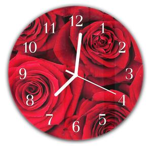Nástenné hodiny okrúhle pr.30cm detail kvetov červených ruží - kalené sklo