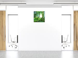 Nástenné hodiny 30x30cm krásny zelený rozprávkový les - kalené sklo