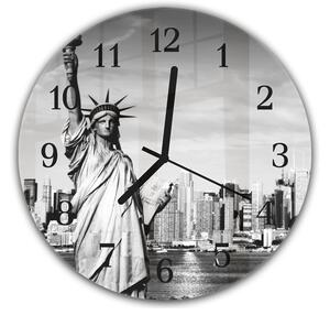 Nástenné hodiny okrúhle pr.30cm mesto New York a socha Slobody - plexi
