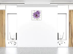 Nástenné hodiny 30x30cm fialový kvet allium na bielom pozadí - plexi