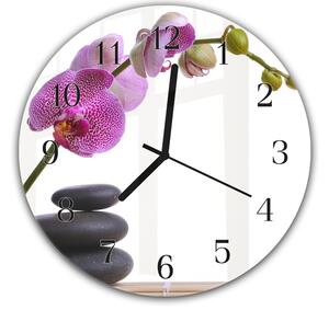 Nástenné hodiny okrúhle pr.30cm fialová orchidea nad zen kamene - plexi
