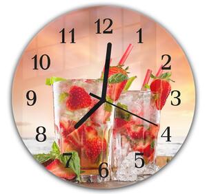 Nástenné hodiny pr.30cm ovocie jahody v pohári a ľadom a mätou - kalené sklo