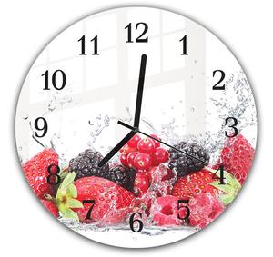 Nástenné hodiny okrúhle pr.30cm čerstvé záhradné ovocie vo vode - kalené sklo