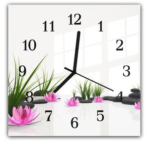 Nástenné hodiny 30x30cm tráva, ružové kvety, kamene - plexi