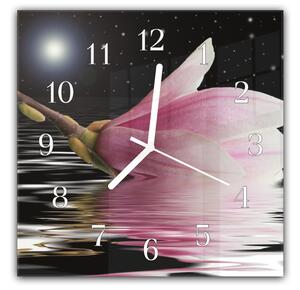 Nástenné hodiny 30x30cm ružová magnólia na nočnou hladinou vody - plexi