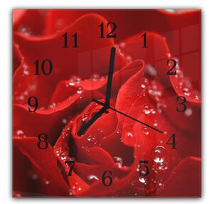 Nástenné hodiny 30x30cm kvet červené ruže s rosou detail - kalené sklo