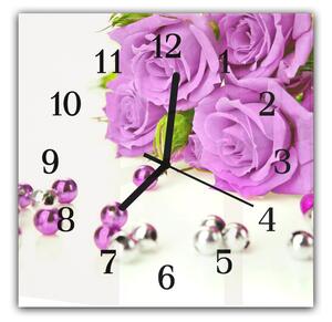 Nástenné hodiny 30x30cm kvet fialovej ruže a perly - plexi