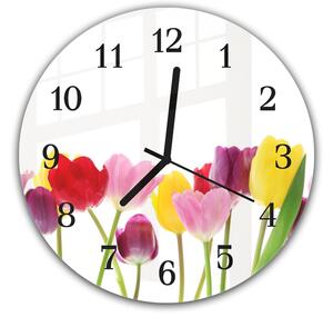 Nástenné hodiny okrúhle pr.30cm kvety farebných tulipánov - plexi