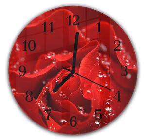 Nástenné hodiny okrúhle pr.30cm detail kvetu červenej ruže s rosou - plexi
