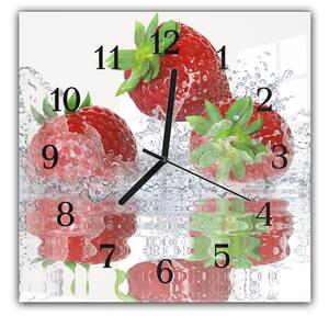 Nástenné hodiny 30x30cm ovocie tri jahody vo vode - plexi