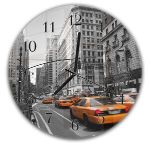 Nástenné hodiny okrúhle pr.30cm žlté taxi v meste Manhattan - plexi