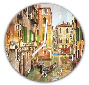 Nástenné hodiny okrúhle pr.30cm mesto Benátky v Taliansku s gondolou - kalené sklo