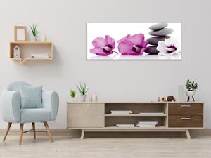 Obraz sklenený kvet fialový ibištek a šedý kameň - 50 x 100 cm