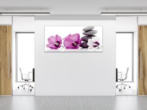 Obraz sklenený kvet fialový ibištek a šedý kameň - 30 x 60 cm