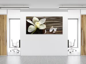 Obraz sklenený kvet orchidea na bambusovej podložke - 30 x 60 cm