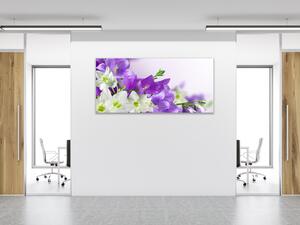 Obraz sklenený kvety bielo fialové zvončeky - 30 x 60 cm