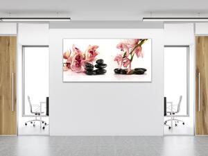 Obraz sklenený ružová orchidea a čierne okruhliaky - 50 x 100 cm