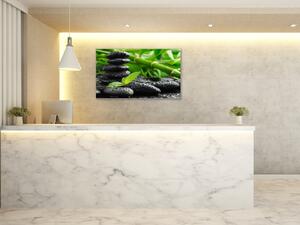 Obraz sklenený bambus a zen kamene s rosou - 30 x 60 cm