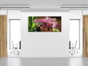 Obraz sklenený kvet ružová orchidea bambus a zen kameň - 30 x 60 cm