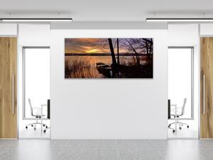 Obraz sklenený jazero s loďkou v západe slnka - 30 x 60 cm