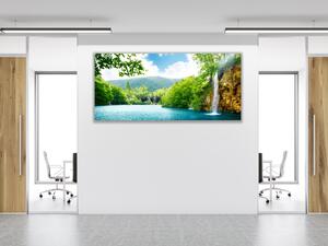 Obraz sklenený vodopád a jazero - 50 x 100 cm