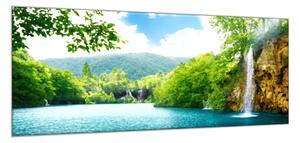 Obraz sklenený vodopád a jazero - 50 x 100 cm