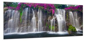 Obraz sklenený vodopády a rozkvitnuté kvety - 50 x 100 cm
