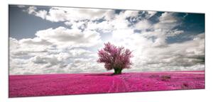Obraz sklenený strom v levanduľovom poli - 34 x 72 cm