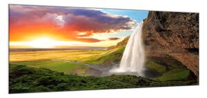 Obraz sklenený vodopád v horách a západ slnka - 40 x 60 cm