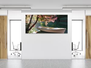 Obraz sklenený loďka na rieke pod stromom - 50 x 100 cm
