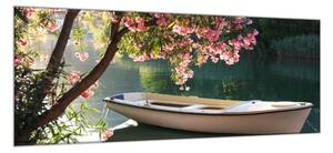 Obraz sklenený loďka na rieke pod stromom - 40 x 60 cm
