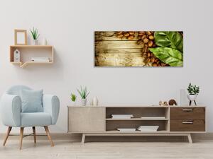 Obraz sklenený kávové zrná a list na dreve - 30 x 60 cm