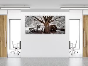 Obraz sklenený zimný strom a sud vína - 50 x 100 cm