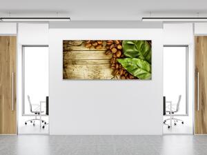 Obraz sklenený kávové zrná a list na dreve - 30 x 60 cm
