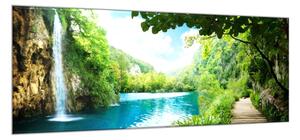Obraz sklenený vodopád v hlbokom lese - 34 x 72 cm