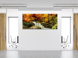 Obraz sklenený jesenný les s riekou - 50 x 100 cm