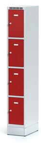 Šatníková skrinka na sokli s úložnými boxami, 4 boxy, 1920 x 300 x 500 mm, cylindrický zámok, červené dvere