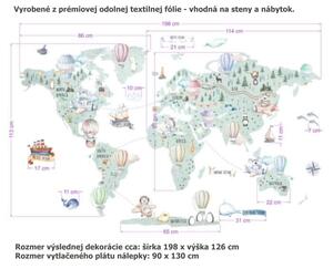Detská textilná nálepka - cestovateľská mapa sveta s balónmi a zvieratkami - 90 x 130 cm