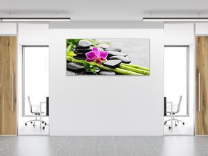 Obraz sklenený ružová orchidea, bambus, kamene - 30 x 60 cm