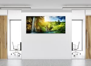 Obraz sklenený vodopád v lese a východ slnka - 30 x 60 cm
