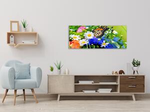 Obraz sklenený farebné kvety a motýľ - 30 x 60 cm