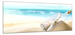 Obraz sklenený odkaz vo fľaši na piesočnatej pláži - 50 x 100 cm