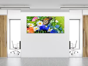 Obraz sklenený farebné kvety a motýľ - 50 x 100 cm
