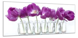 Obraz sklenený temne fialové tulipány v rade pohárov - 30 x 60 cm