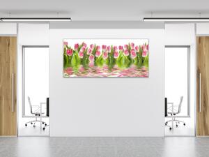 Obraz sklenený kvety ružové tulipány v hladine vody - 50 x 100 cm