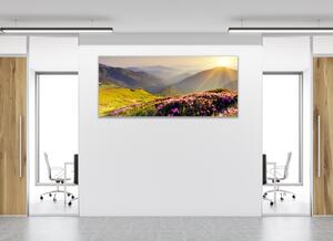 Obraz sklenený horská krajina s východom slnka - 50 x 100 cm
