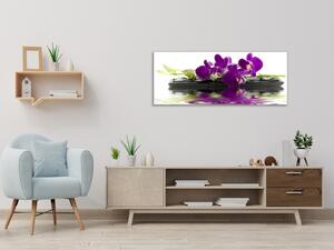 Obraz sklenený temný kvet orchidey na kameni a hladine - 30 x 60 cm