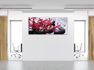 Obraz sklenený červený kvet a čierne kamene - 34 x 72 cm