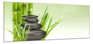 Obraz sklenený bambus s trávou a kameňmi - 30 x 60 cm
